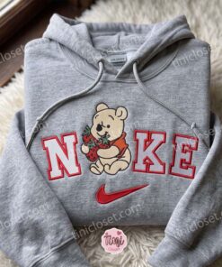 Winnie the Pooh Holding Strawberries Embroidered Hoodie, Disney Embroidered Sweatshirt, Bestie Matching Shirts (1)