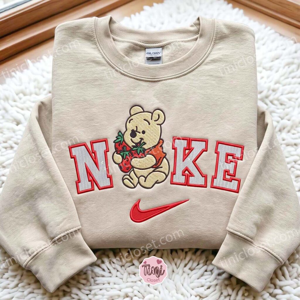 Winnie-the-Pooh Holding Strawberries Embroidered Hoodie, Disney Embroidered Sweatshirt, Bestie Matching Shirts