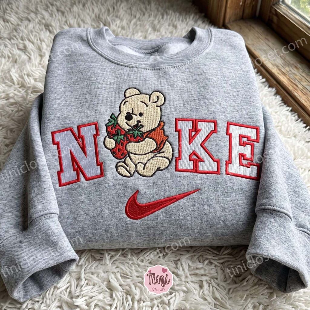 Winnie-the-Pooh Holding Strawberries Embroidered Hoodie, Disney Embroidered Sweatshirt, Bestie Matching Shirts