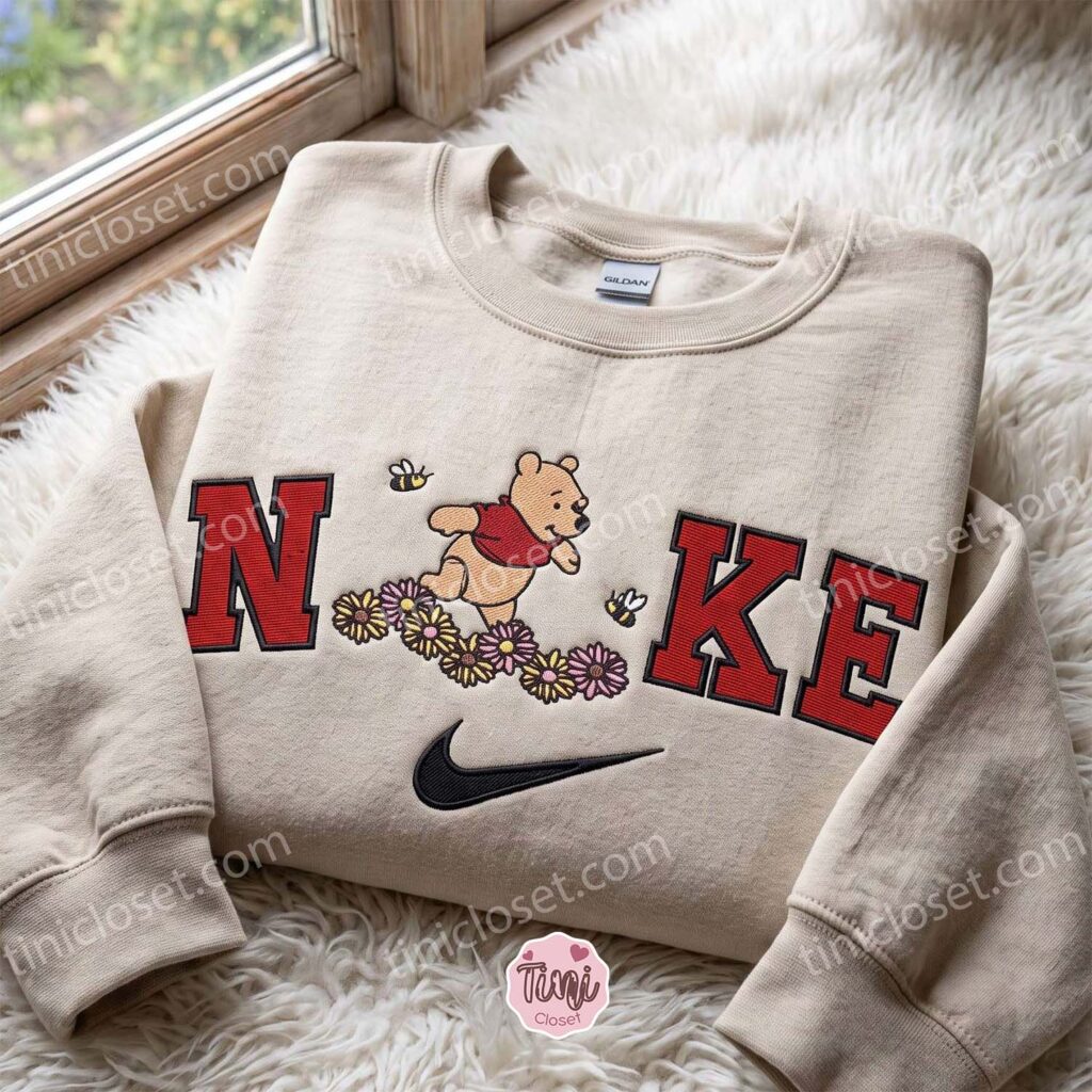 Custom Winnie the Pooh Floral Sweatshirt, Daisy Bee Embroidered Hoodie, Romantic Gift For Her, Cozy Apparel Custom Winnie the Pooh Floral Sweatshirt, Daisy Bee Embroidered Hoodie, Romantic Gift For Her, Cozy Apparel