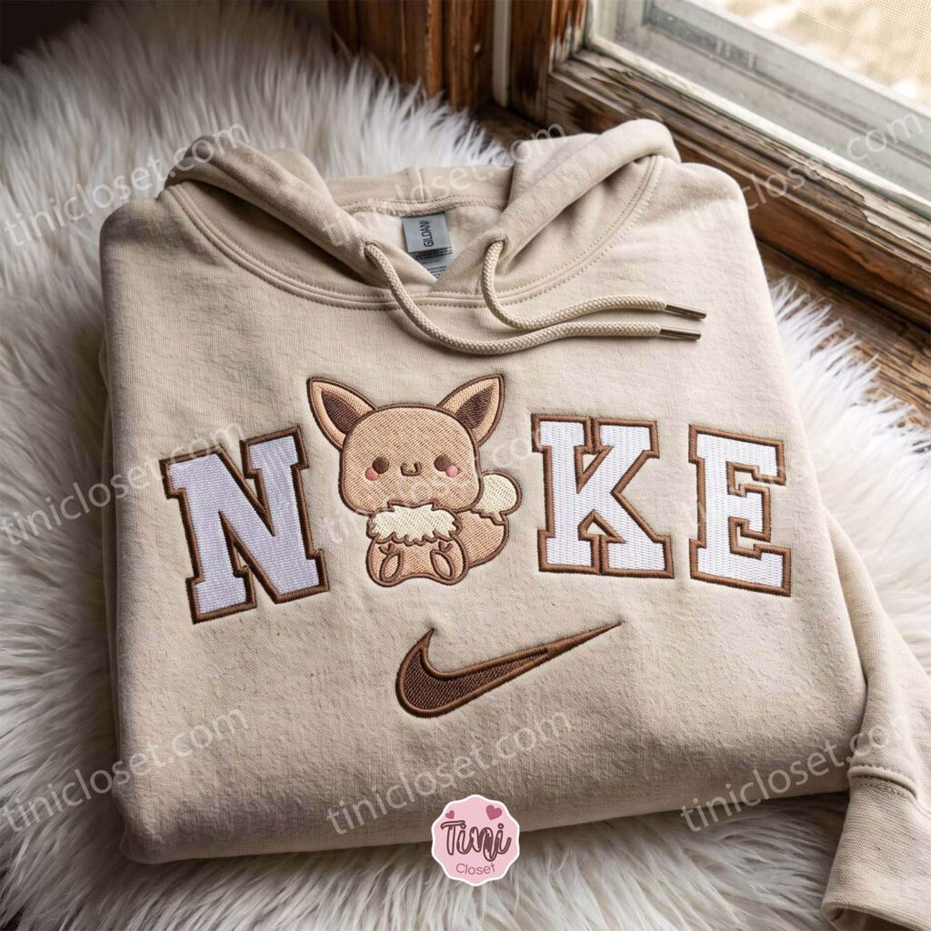 Cute Eevee Pokemon Embroidered Hoodie, Custom Anime Character Embroidered Sweatshirt, Bestie Matching Shirts