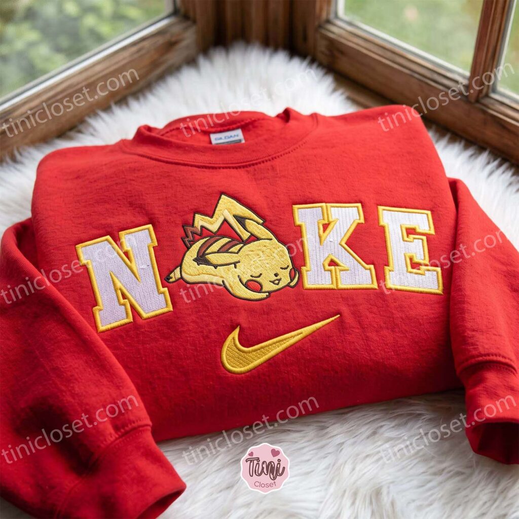 Sleeping Pikachu Embroidered Sweatshirt, Pokemon Anime T-shirt, Just Because Gift For Him, Cozy Gifts For Girlfriend
