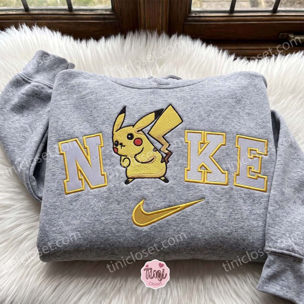 Pikachu Embroidered Sweatshirt, Pokemon Anime T-shirt, Just Because Gift For Him, Cozy Gifts For Girlfriend