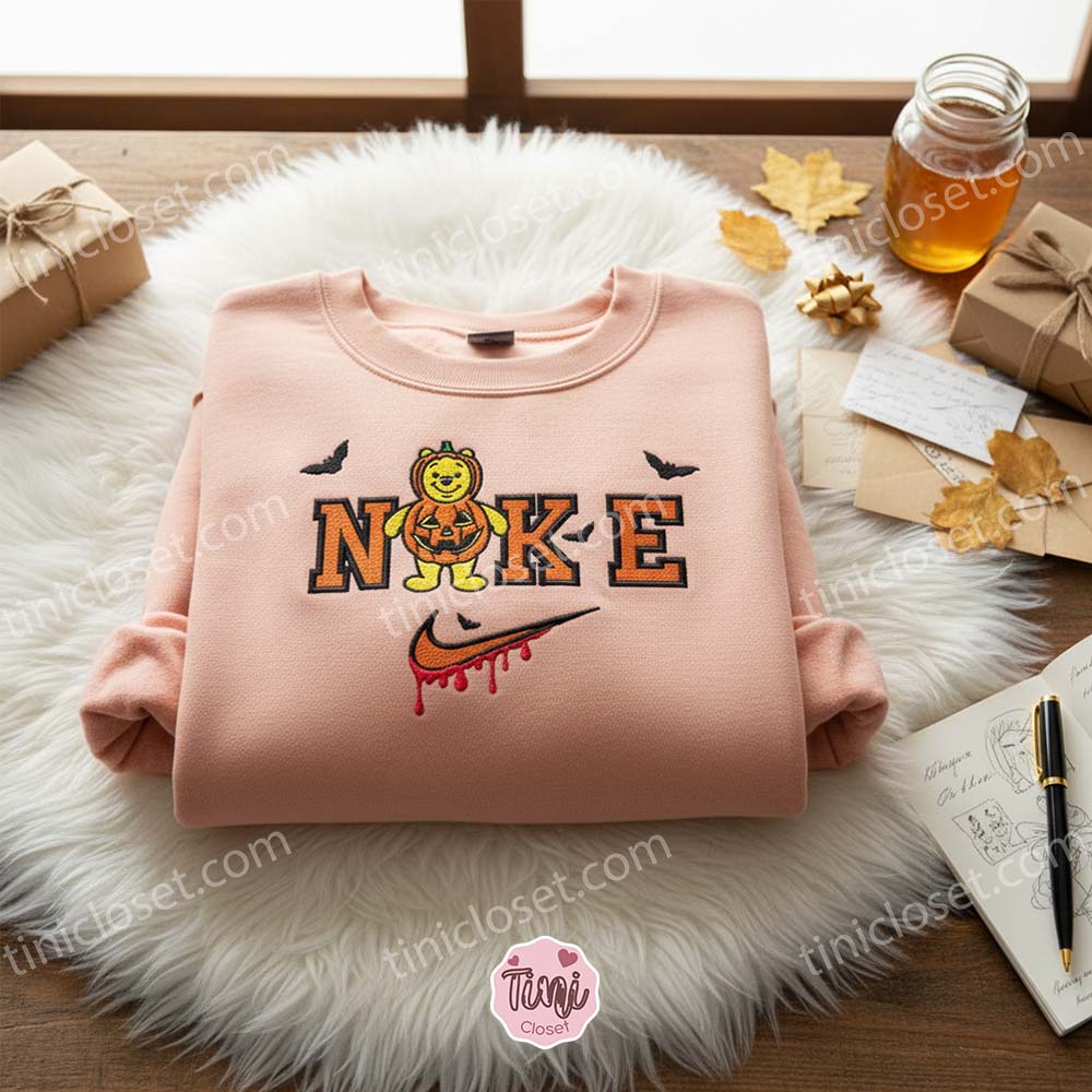 Spooky Pooh Bear Embroidered Sweatshirt, Pumpkin Design Crewneck, Just because gift for him or Her
