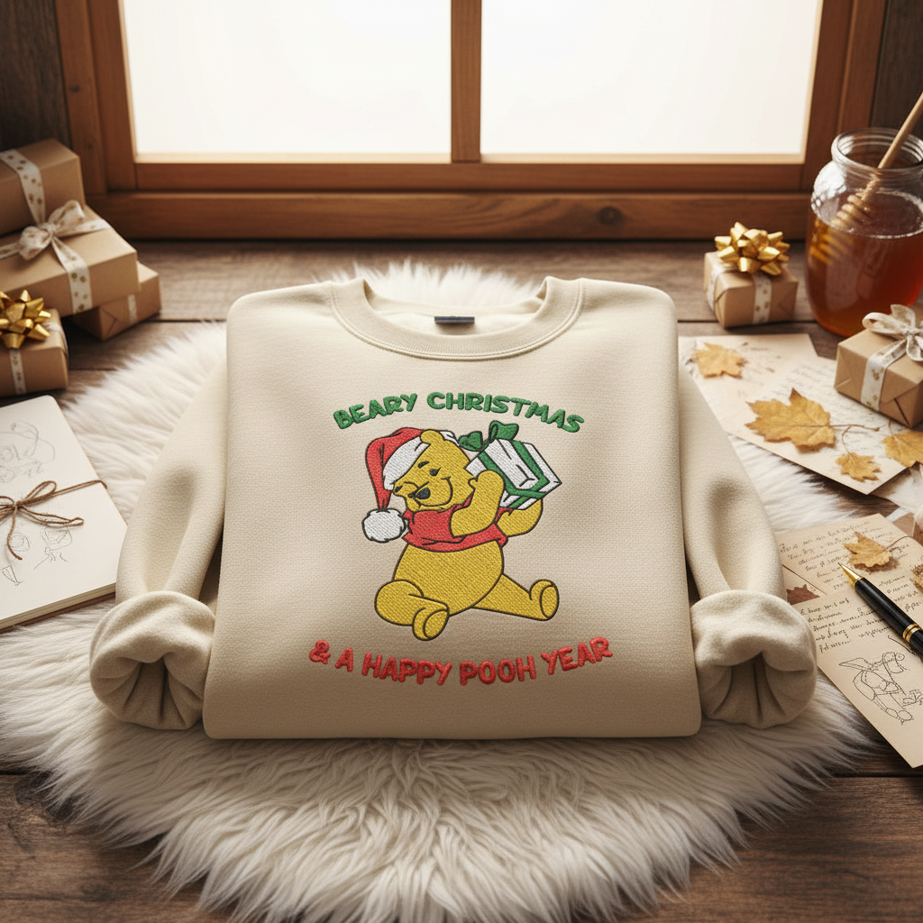 Winnie the Pooh Beary Christmas Embroidered Sweatshirt | Disney Crewneck and Shirt