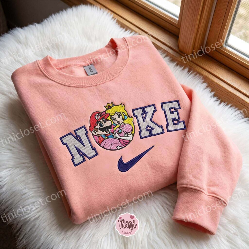 Super Mario and Princess Peach Embroidered Sweatshirt, Video Game Characters Embroidered Hoodie, Romantic Gift For Her Super Mario and Princess Peach Embroidered Sweatshirt, Video Game Characters Embroidered Hoodie, Romantic Gift For Her