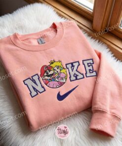 Super Mario and Princess Peach Embroidered Sweatshirt, Video Game Characters Embroidered Hoodie, Romantic Gift For Her 1 Super Mario and Princess Peach Embroidered Sweatshirt, Video Game Characters Embroidered Hoodie, Romantic Gift For Her (1)