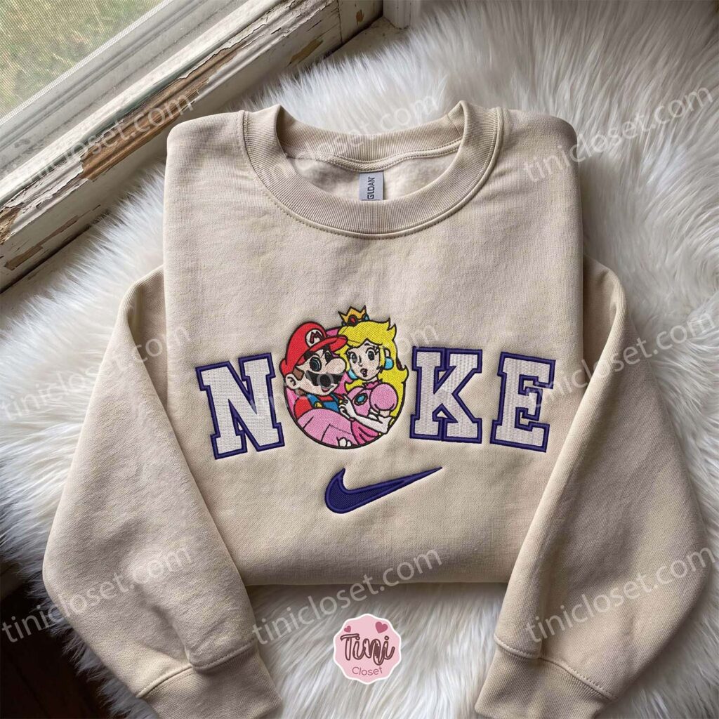 Super Mario and Princess Peach Embroidered Sweatshirt, Video Game Characters Embroidered Hoodie, Romantic Gift For Her Super Mario and Princess Peach Embroidered Sweatshirt, Video Game Characters Embroidered Hoodie, Romantic Gift For Her
