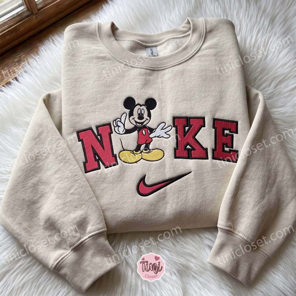 Disney Mickey Embroidered T-shirt, Cartoon Embroidered Hoodie, Just Because Gift For Him, Cozy Gifts For Girlfriend