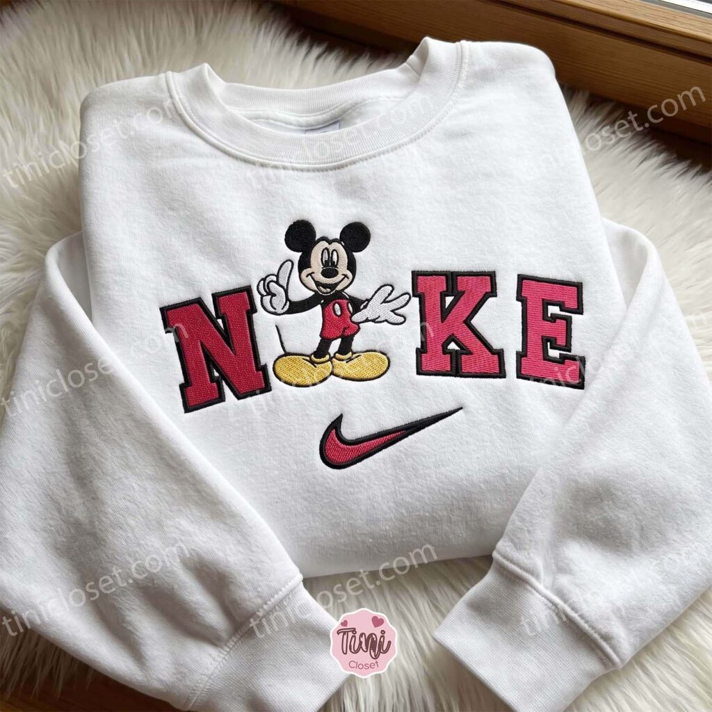 Disney Mickey Embroidered T-shirt, Cartoon Embroidered Hoodie, Just Because Gift For Him, Cozy Gifts For Girlfriend