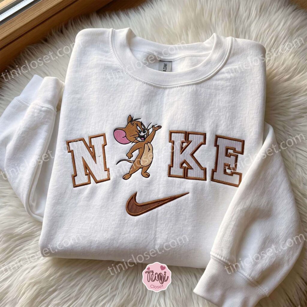 Jerry Embroidered Sweatshirt, Cartoon Embroidered Hoodie, Just Because Gift For Him, Cozy Gifts For Girlfriend