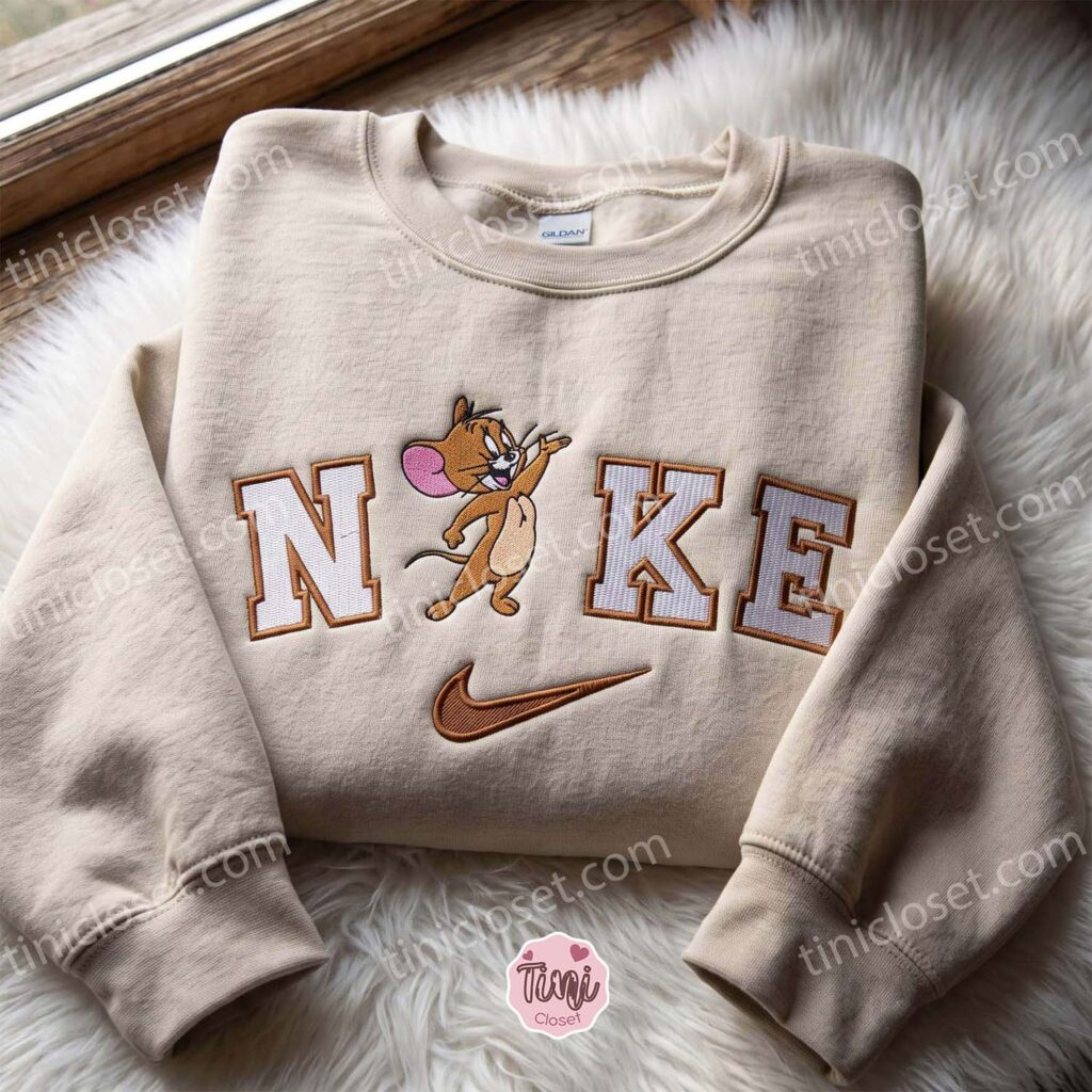 Jerry Embroidered Sweatshirt, Cartoon Embroidered Hoodie, Just Because Gift For Him, Cozy Gifts For Girlfriend