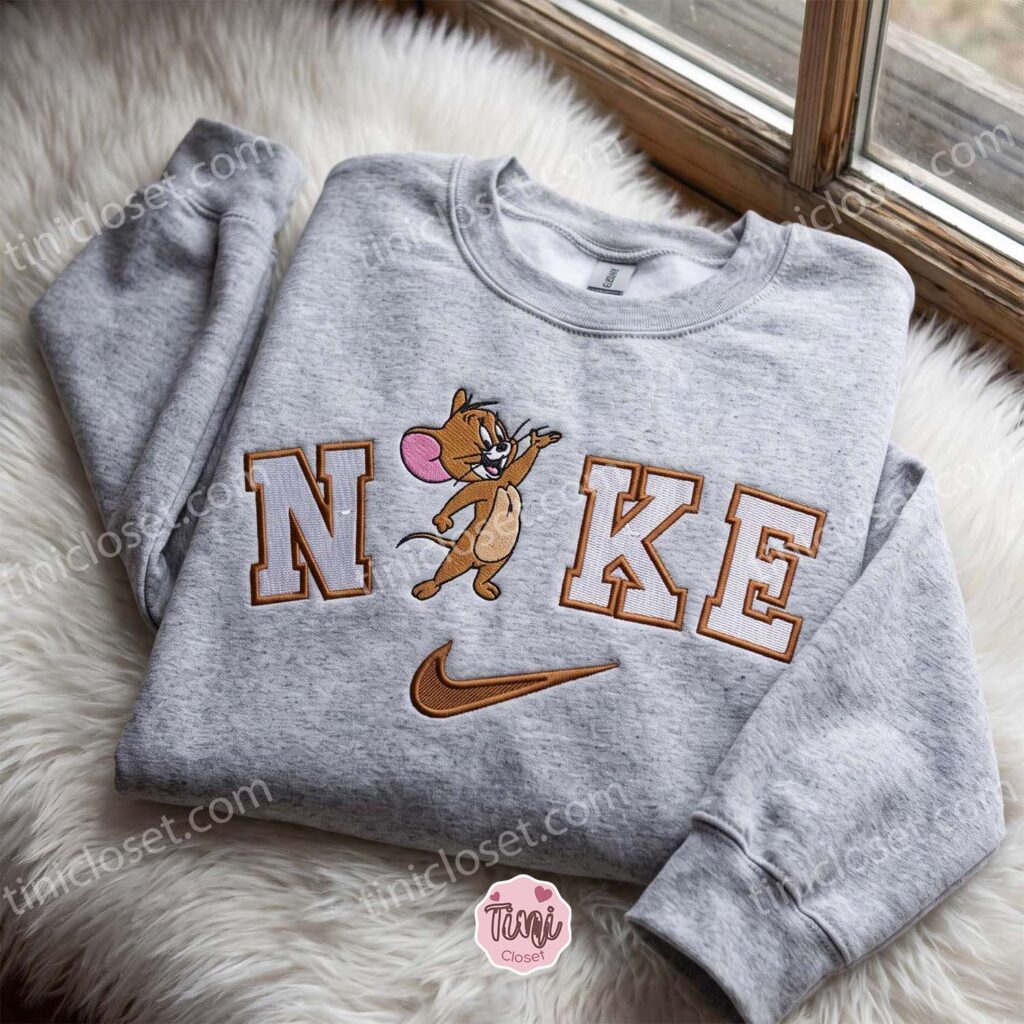 Jerry Embroidered Sweatshirt, Cartoon Embroidered Hoodie, Just Because Gift For Him, Cozy Gifts For Girlfriend