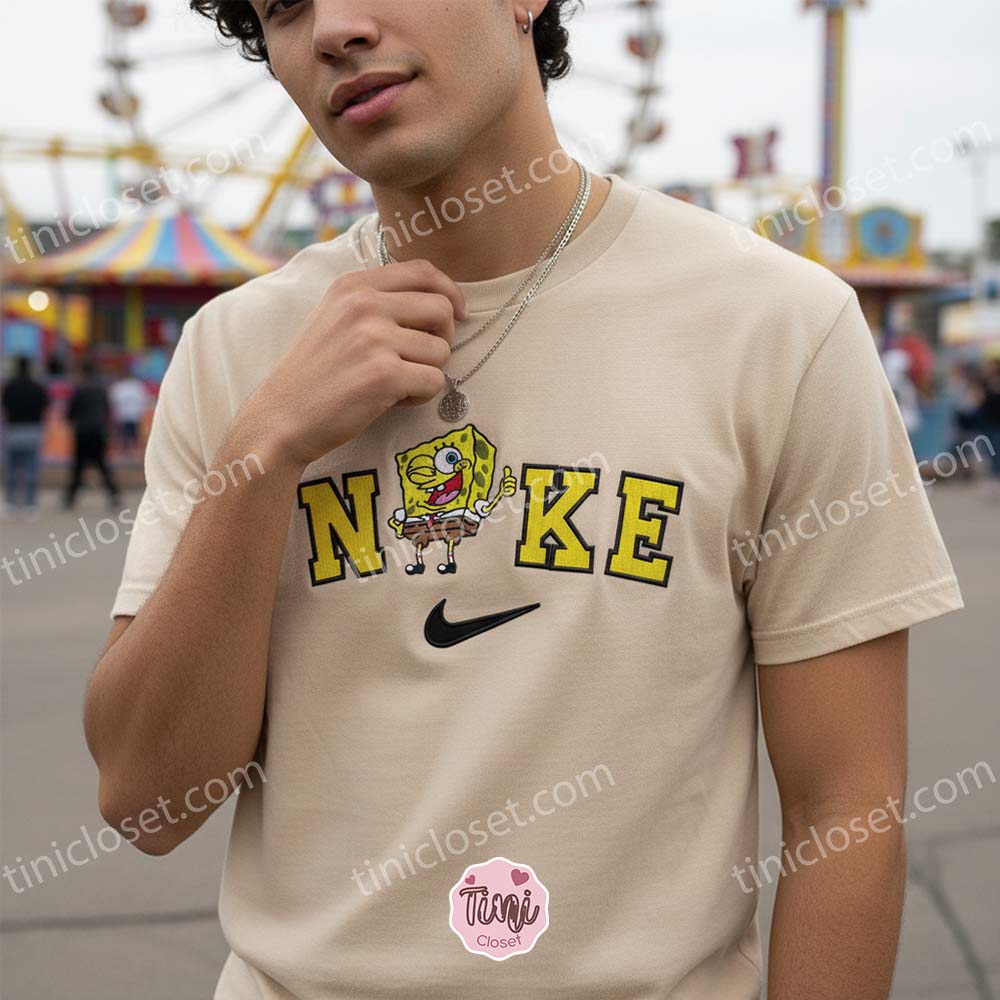 Funny Winking SpongeBob Embroidered Sweatshirt, Cartoon Embroidered T-shirt, Boyfriend Hoodie Gift