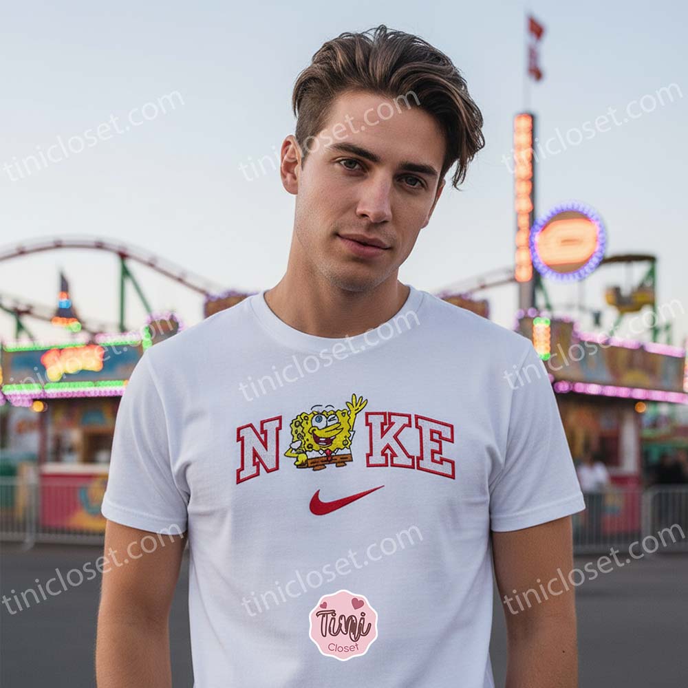 SpongeBob Embroidered Tee, Cartoon Character Embroidered Sweatshirt, Just Because Gift For Him