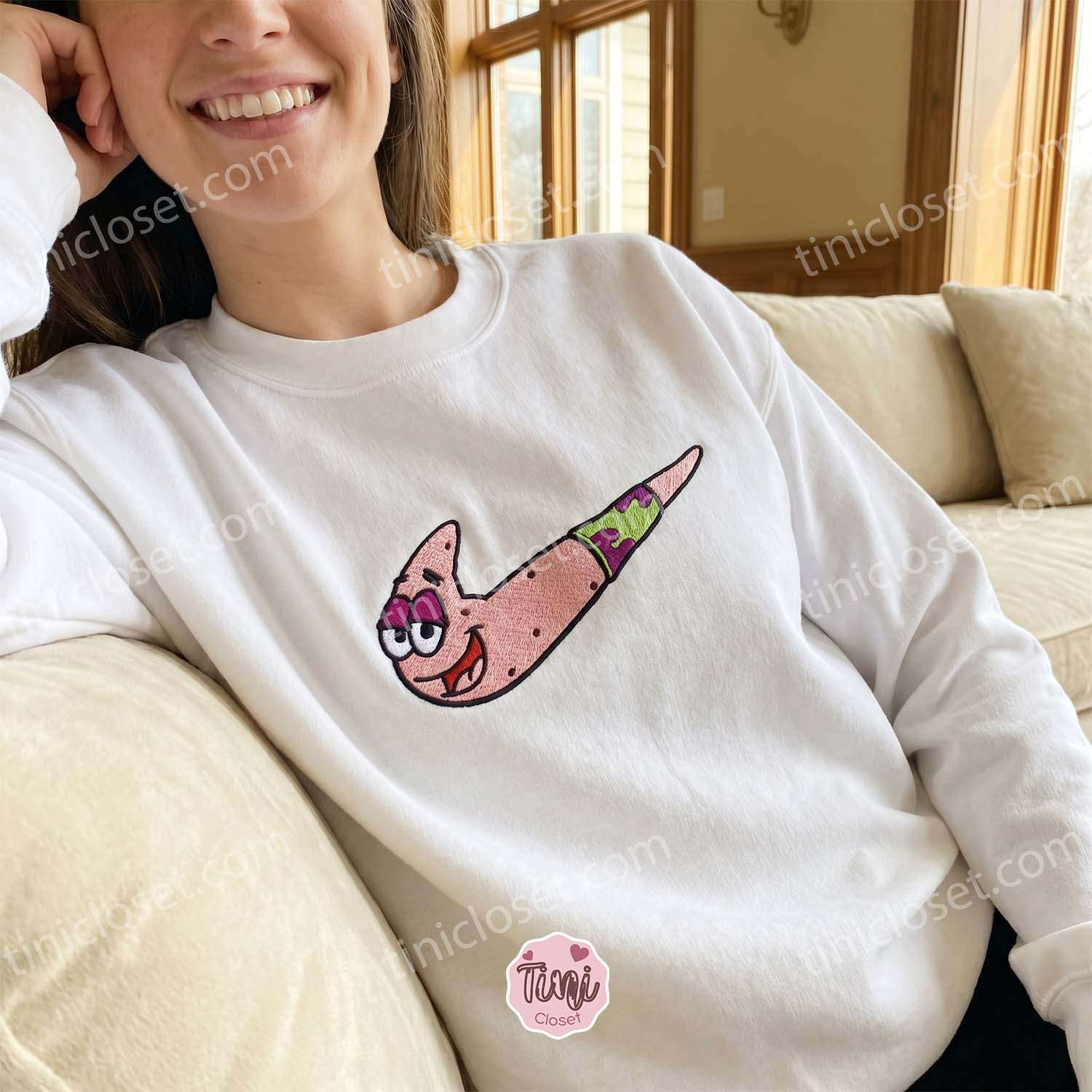 Cute Patrick Star Swoosh Embroidered Hoodie, Custom Cartoon Sweatshirt, Bestie Matching Shirts
