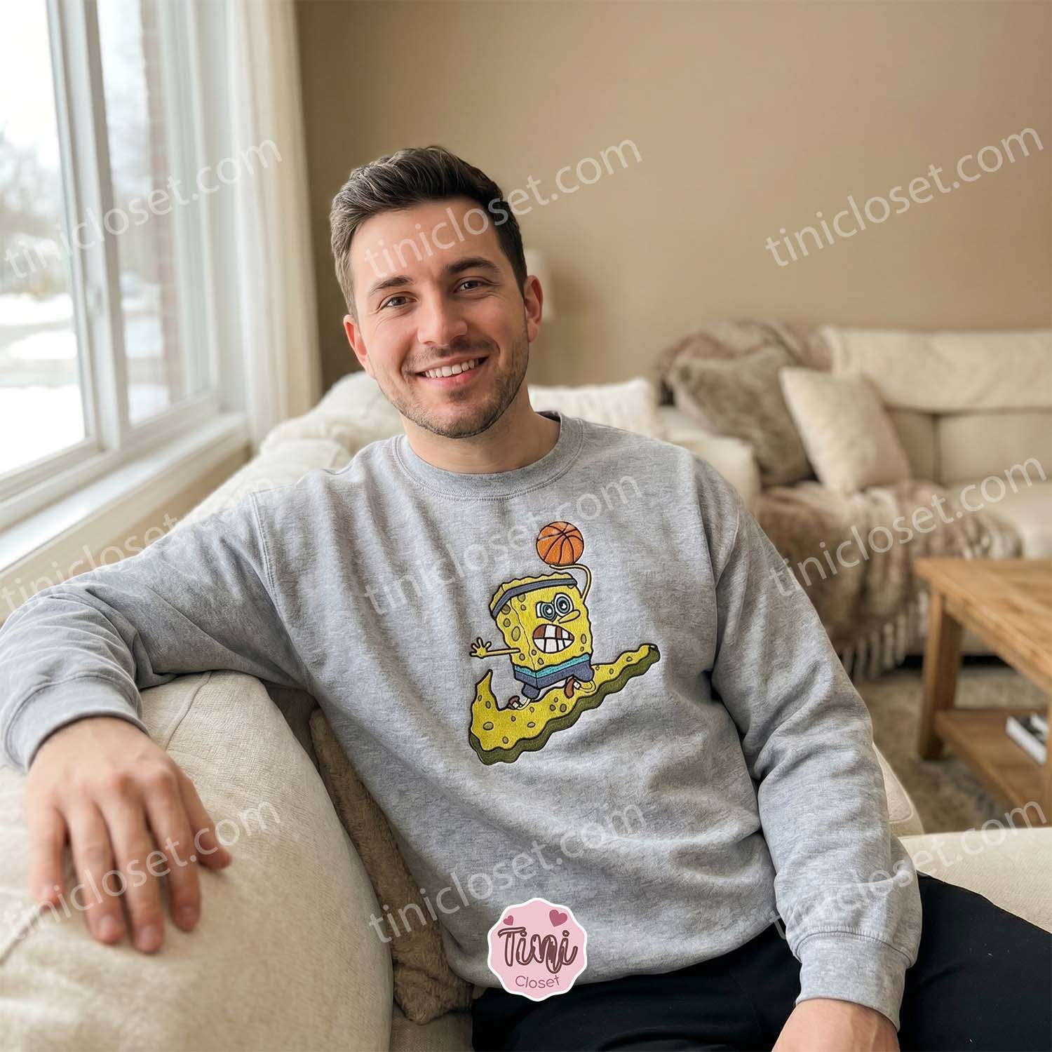 Retro SpongeBob Basketball Embroidered Sweatshirt, Cartoon Hoops Tee, Boyfriend Hoodie Gift
