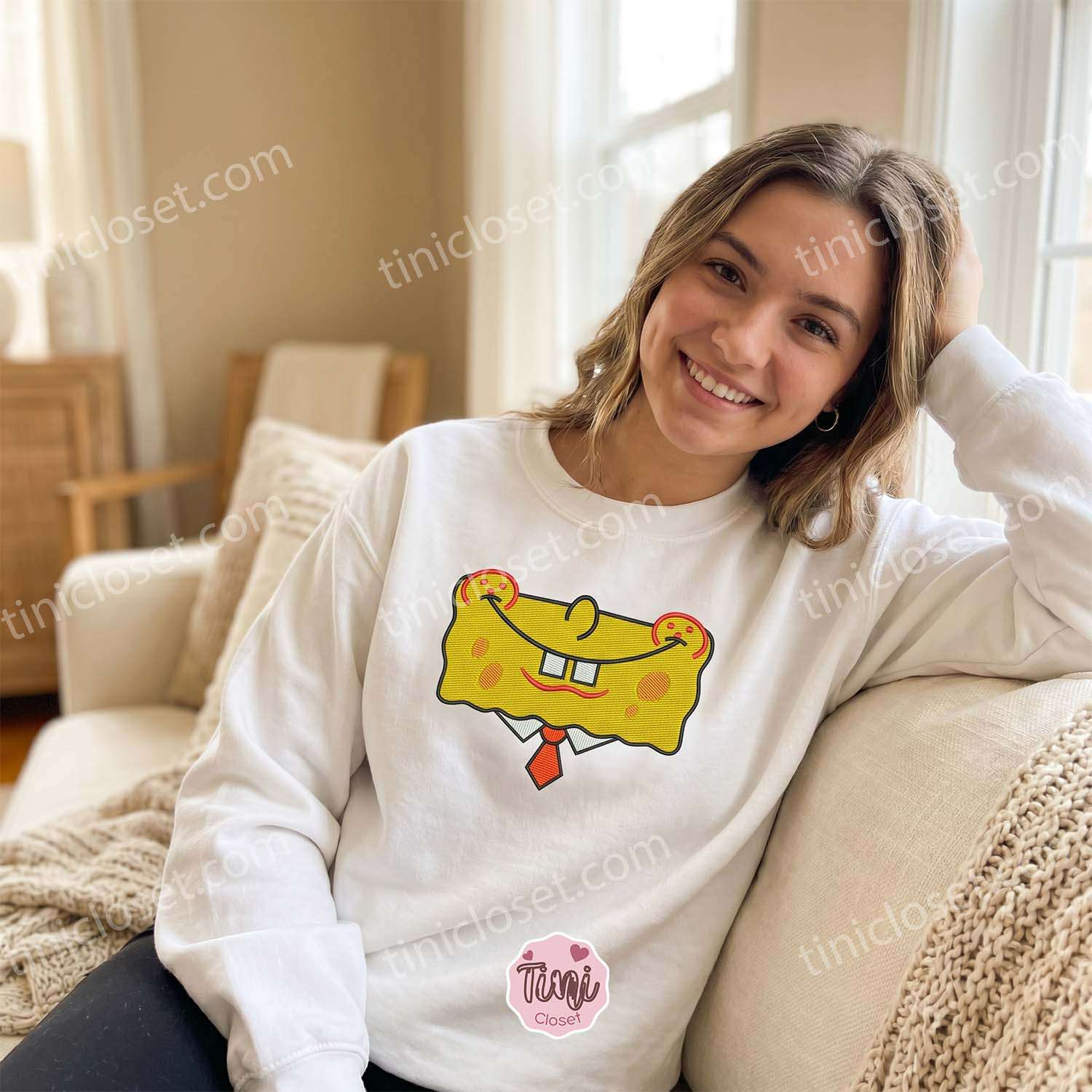 Smiling SpongeBob Face Custom Embroidery Hoodie, Funny Cartoon Apparel, Bestie Matching Shirts