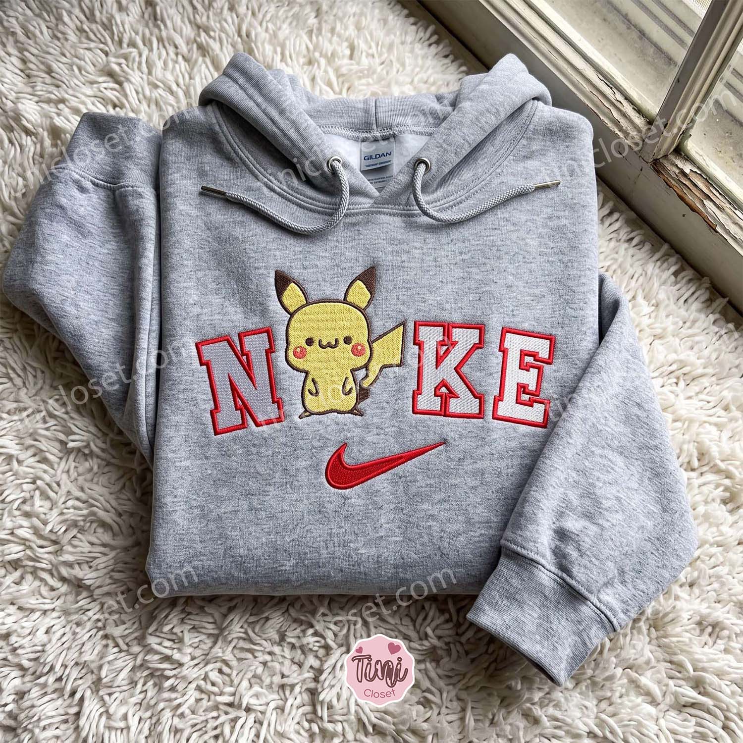 Cute Pikachu Embroidered T-shirt, Anime Embroidered Crewneck, Cozy Gifts For Family