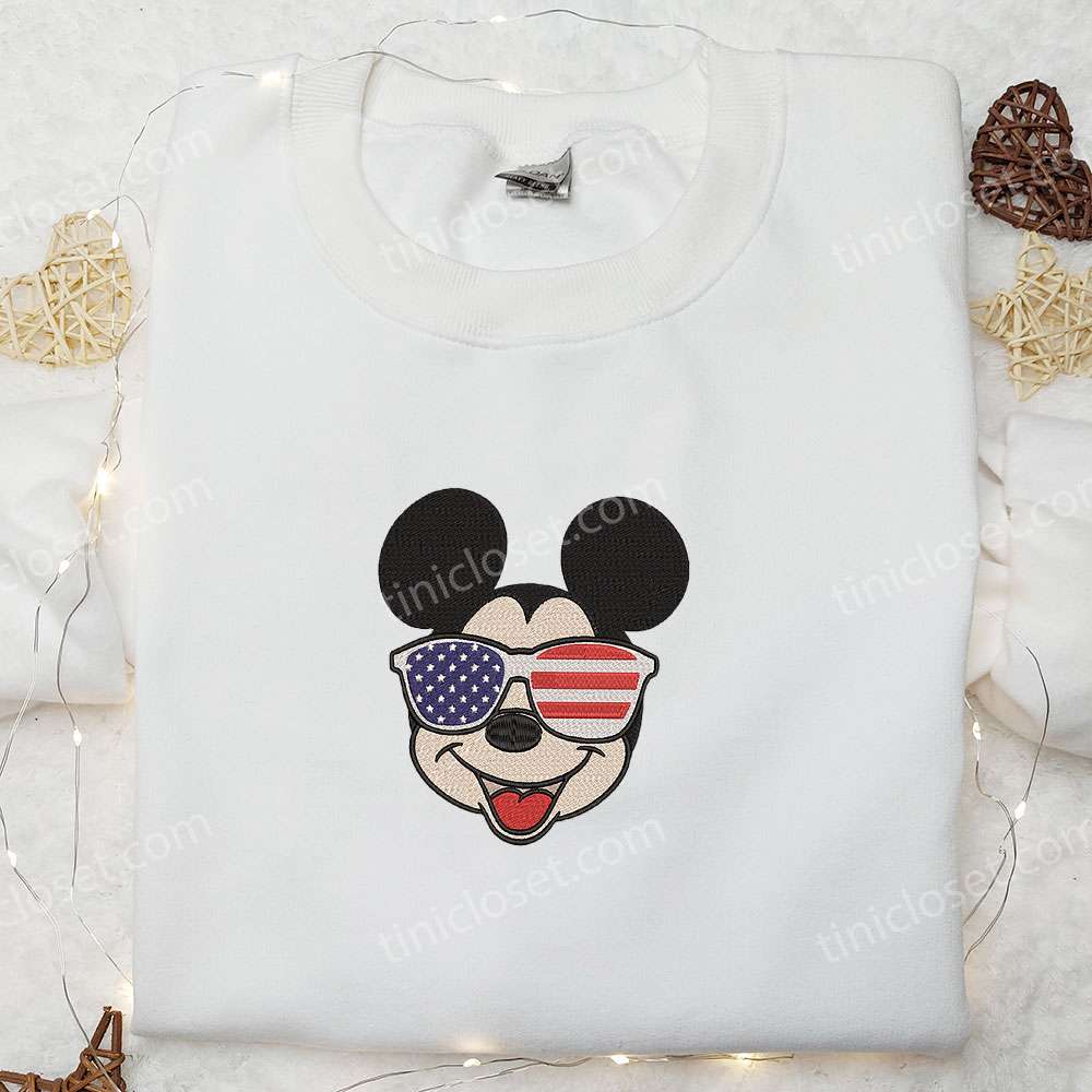 America Mickey Mouse with Glasses Embroidered Shirt, Disney Embroidered Shirt, Best Patriotic Shirts