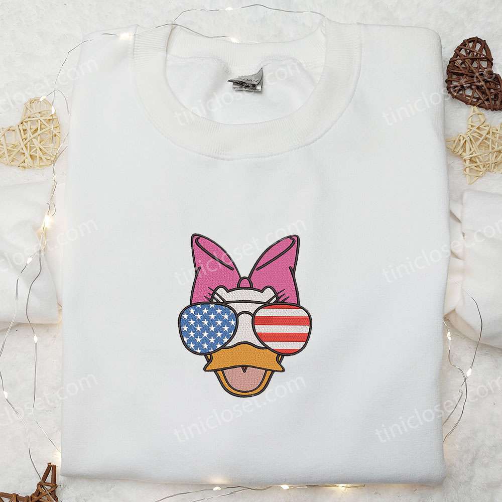 American Daisy Duck with Glasses Embroidered Shirt, Disney Embroidered Shirt, National Day Gifts