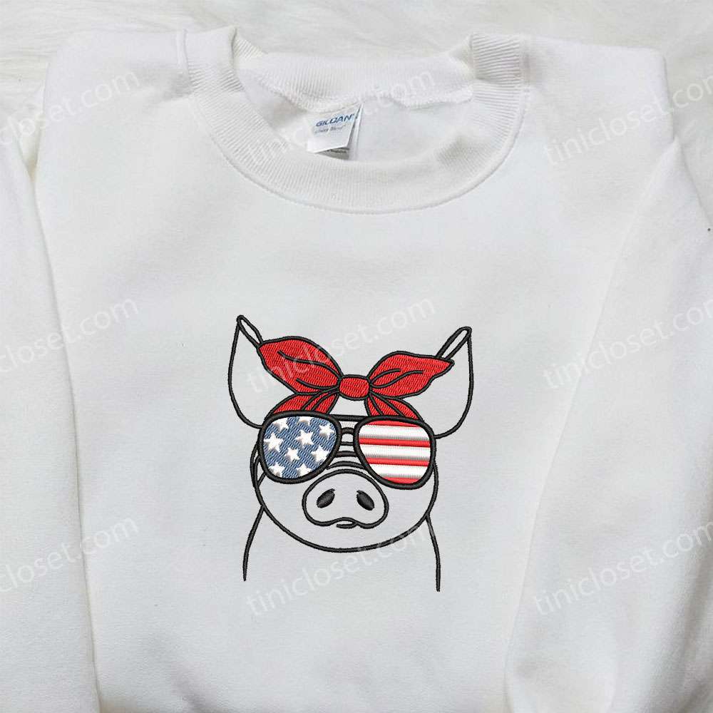 American Piggy Embroidered Shirt, Animal Embroidered Shirt, National Day Gifts