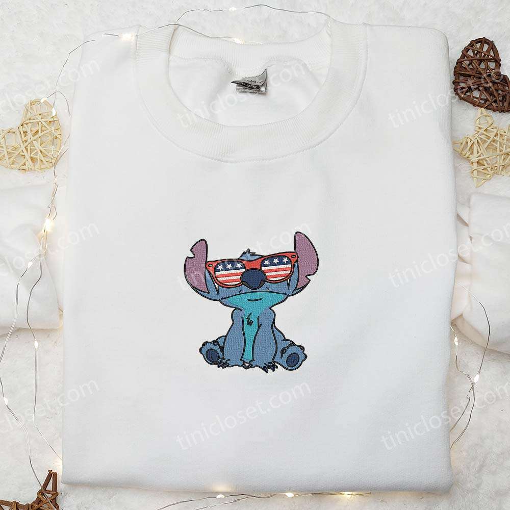 Stitch with America Glasses Embroidered Shirt, Disney Embroidered Shirt, Independence Day Embroidered Shirt