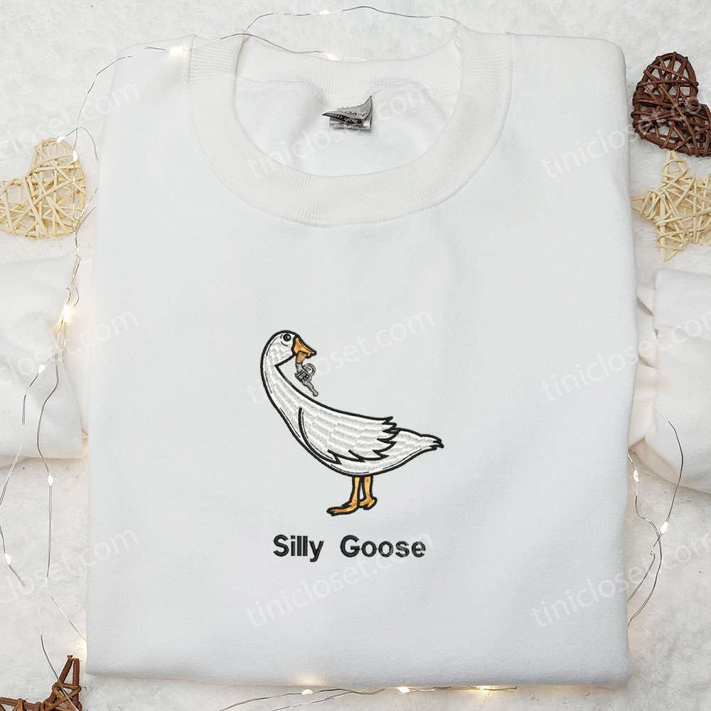 Silly Goose with Gun Embroidered Shirt, Animal Embroidered Shirt, Funny Embroidered Shirt