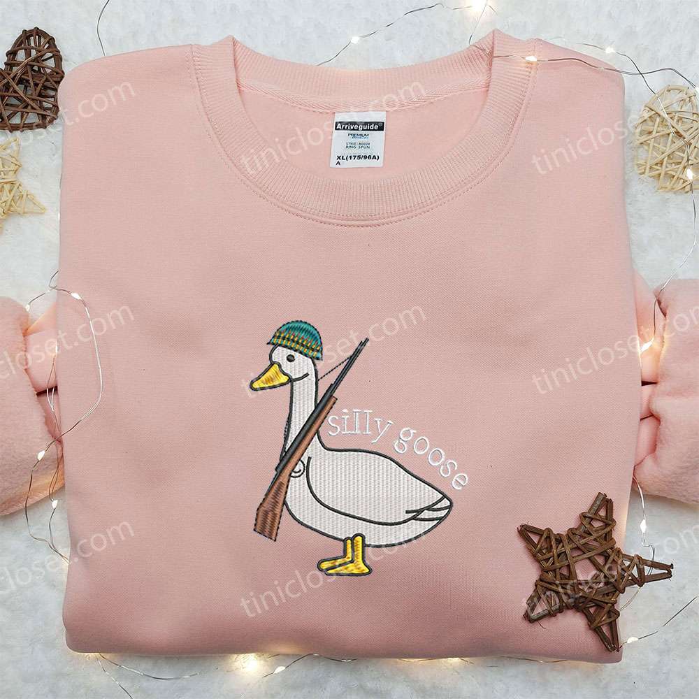 Silly Goose with Gun Embroidered Shirt, Animal Embroidered Shirt, Funny Embroidered Shirt