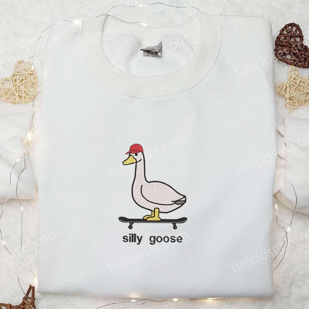 Skateboarding Silly Goose Embroidered Shirt, Animal Embroidered Shirt, Cute Embroidered Shirt