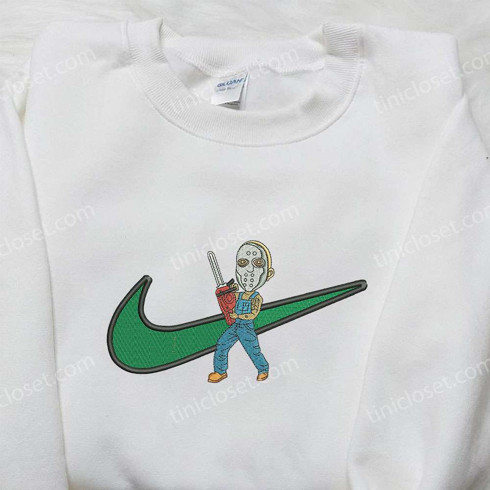 Nike Swoosh x Jason Voorhees Embroidered Shirt, Horror Movie Embroidered Shirt, Halloween Embroidered Shirt