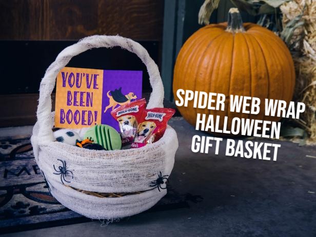 spider web wrap halloween gift basket