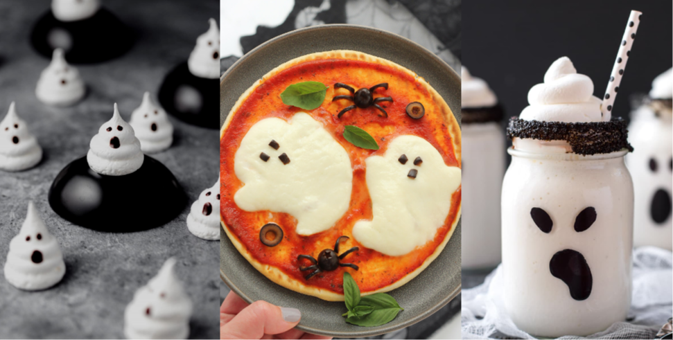 Ghostly meringues, ghost pizza and ghost milkshake