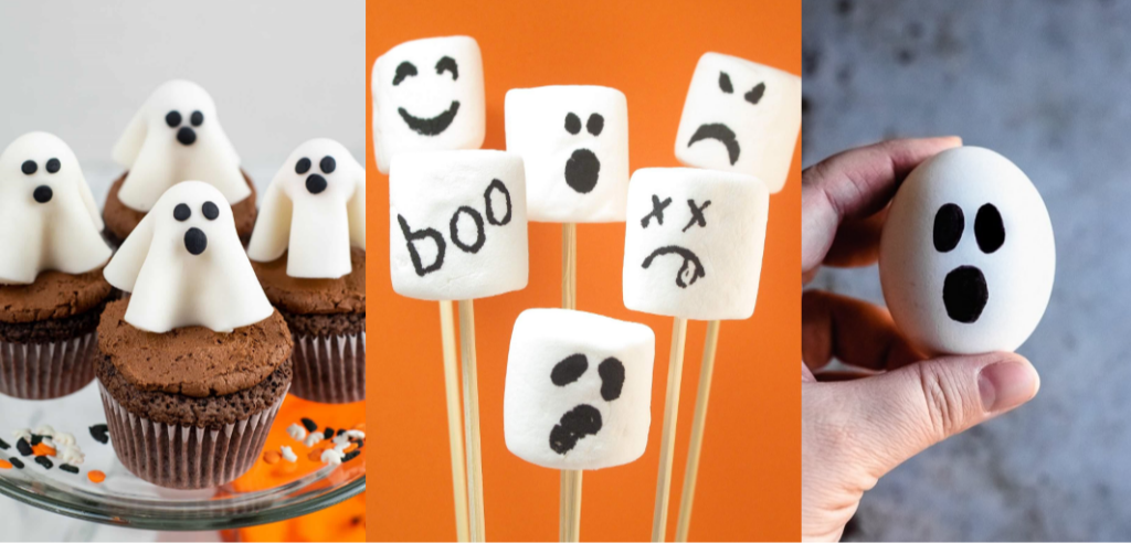 Ghostly cupcakes, ghostly marshmallow pops and ghostly egg