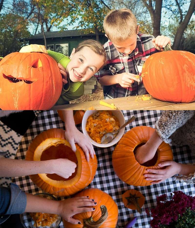 Family carving pumpkins