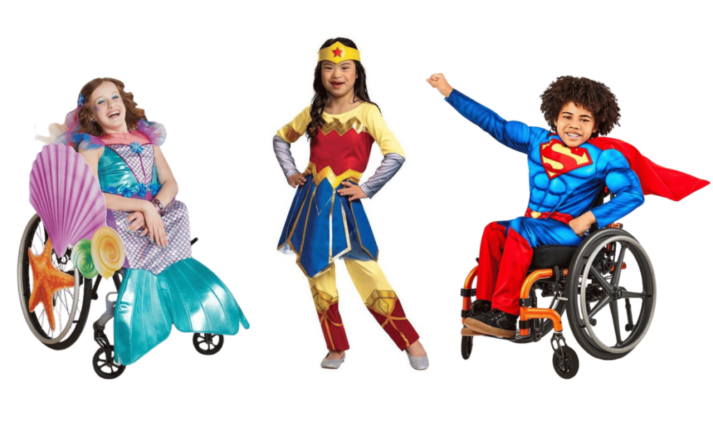 Happy kids with disabilities wearing adaptive Halloween costumes