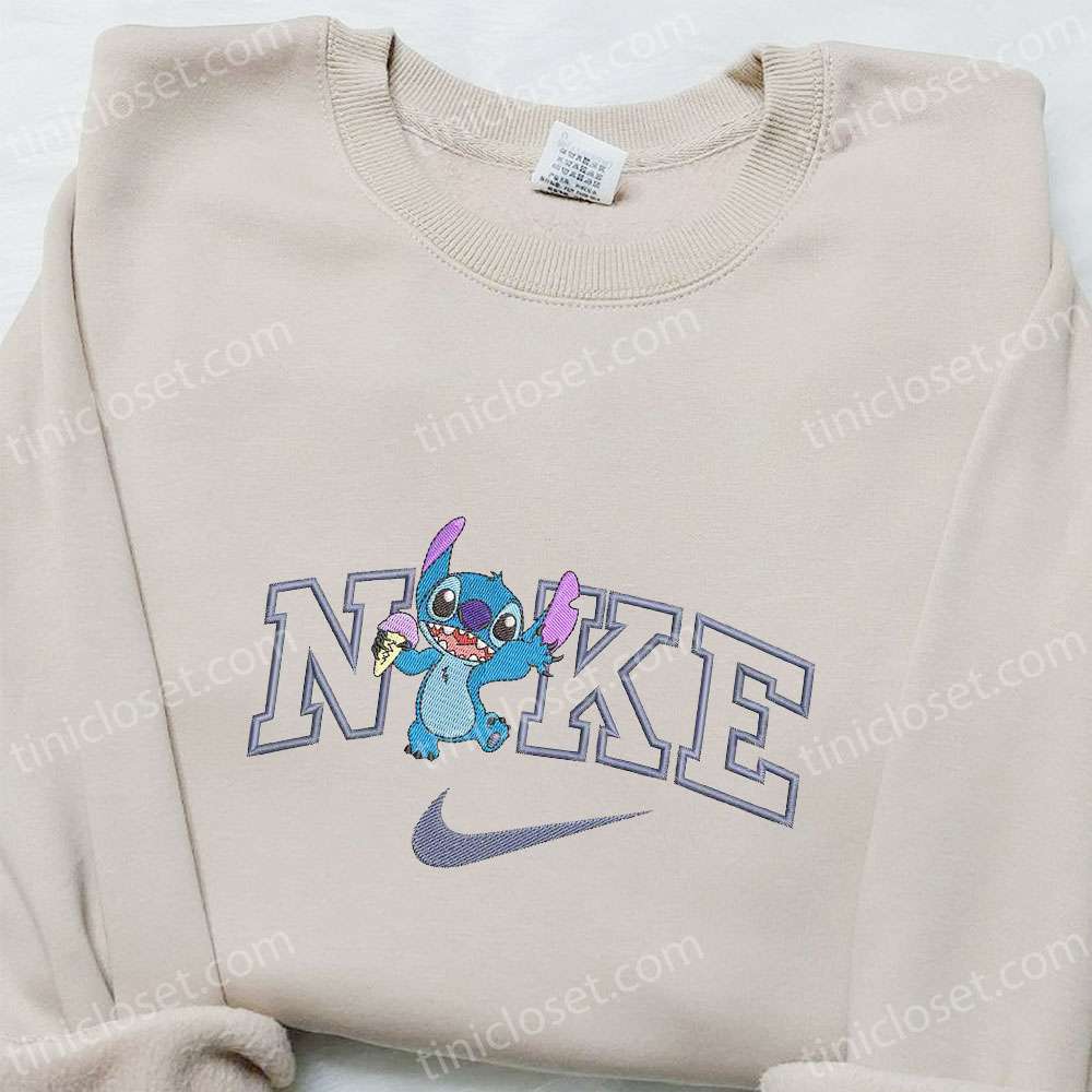 Stitch Ice Cream x Nike Cartoon Embroidered Sweatshirt, Nike Inspired Embroidered Hoodie, Best Gift Ideas for Family