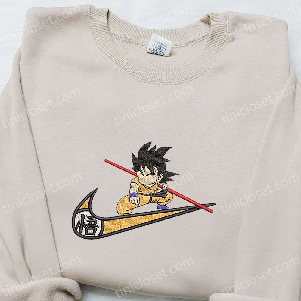 Swoosh x Goku Kid Anime Embroidered Shirt, Dragon Ball Embroidered Hoodie, Custom Nike Embroidered T-shirt