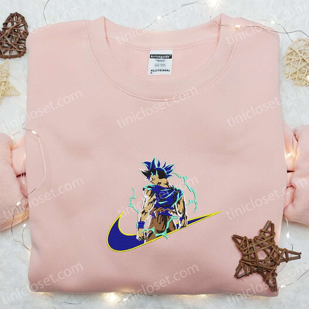 Swoosh x Goku Ultra Instinct Embroidered Shirt, Dragon Ball Embroidered Hoodie, Custom Nike Embroidered T-shirt