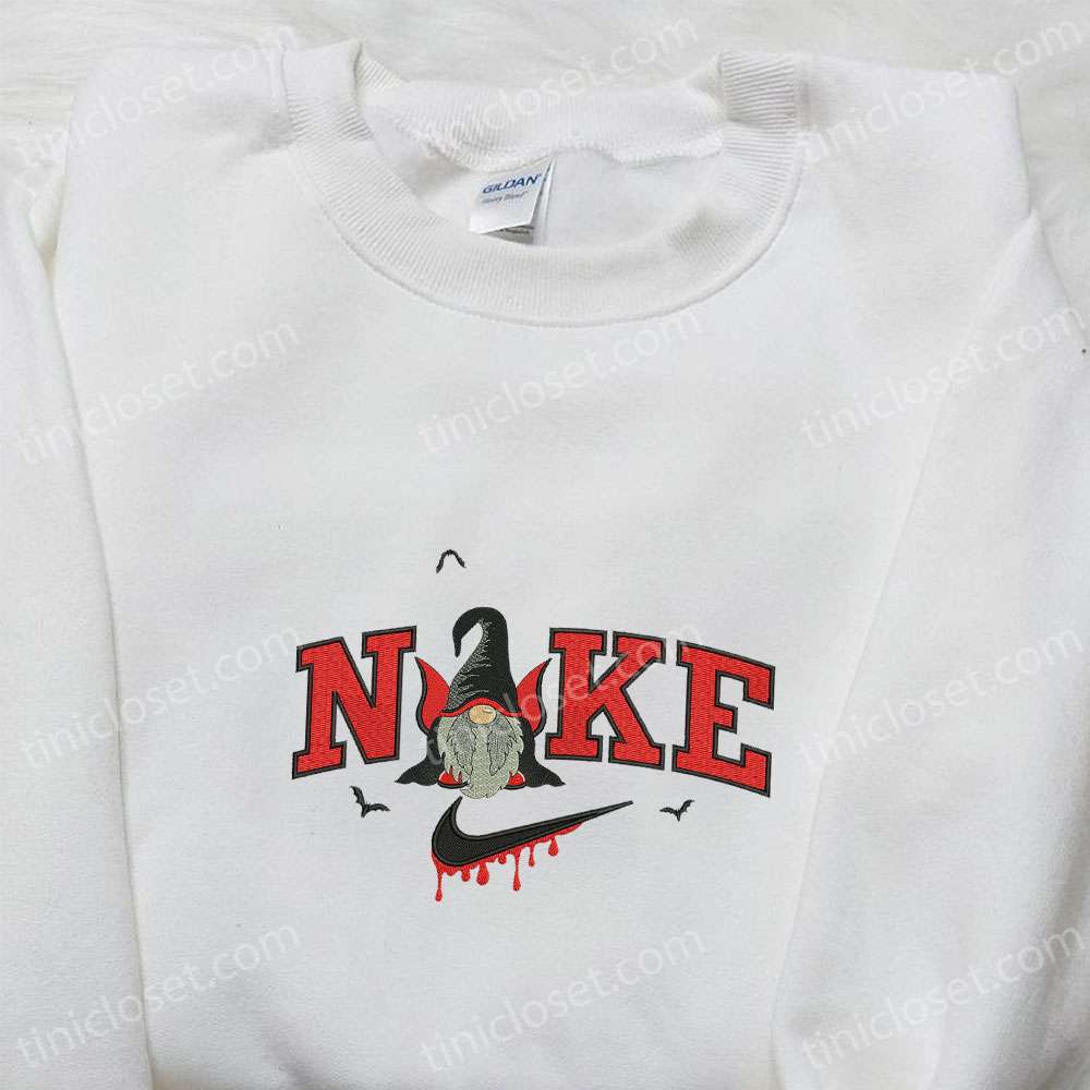 Nike x Halloween Gnome Bats Embroidered Shirt, Halloween Embroidered Shirt, Nike Inspired Embroidered Shirt