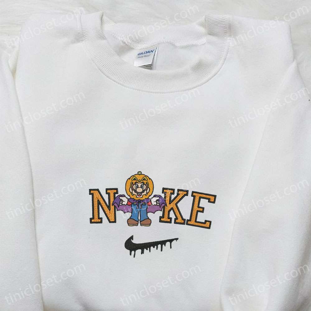 Nike x Halloween Pumpkin Mario Embroidered Shirt, Game Characters Embroidered Shirt, Nike Inspired Embroidered Shirt