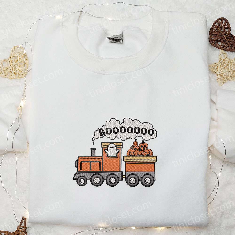 Halloween Pumpkin Train Boo Ghost Embroidered Shirt, Cute Halloween Embroidered Shirt, Best Gifts for Family