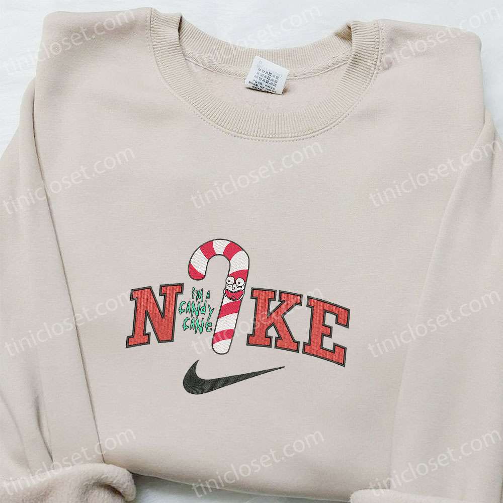 Morty Candy Cane x Nike Christmas Embroidered Sweatshirt, Cartoon Christmas Embroidered Shirt, Best Christmas Gift Ideas