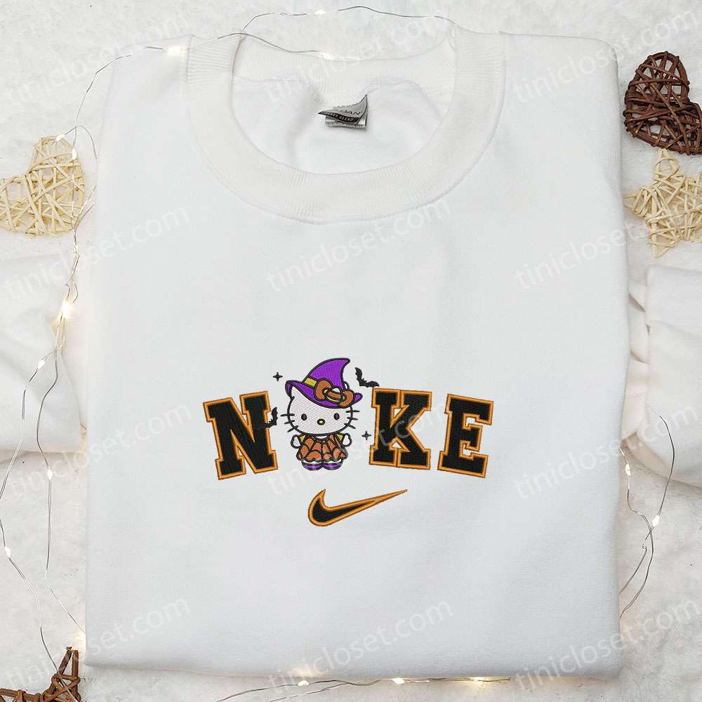 Nike x Spooky Witch Hello Kitty Embroidered Shirt, Nike Halloween Embroidered Sweatshirt, Cute Anime Embroidered Hoodie