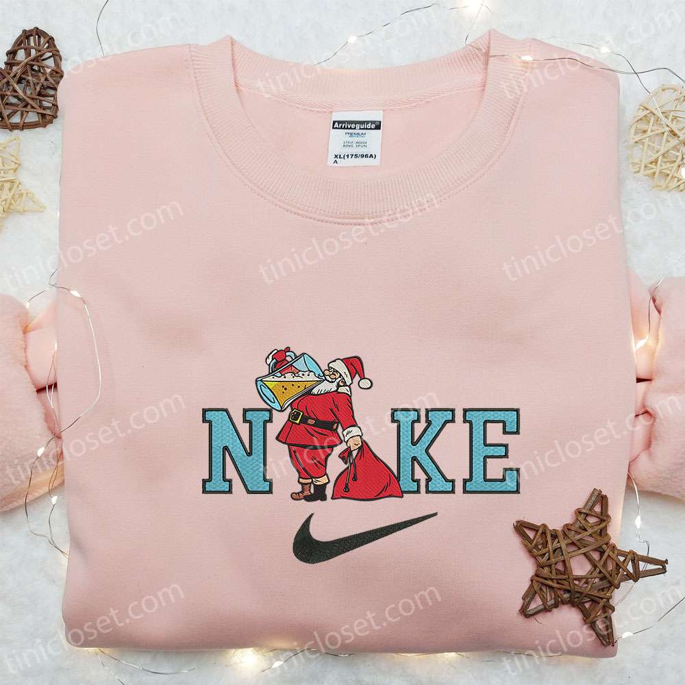 Nike x Santa Claus Drinking Beer Embroidered Hoodie Christmas Embroidered Sweatshirt Custom Nike Embroidered T shirt 2