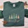 Merry And Bright Christmas Trees Embroidered Shirt, Christmas Embroidered Hoodie, Best Christmas Gifts For Family