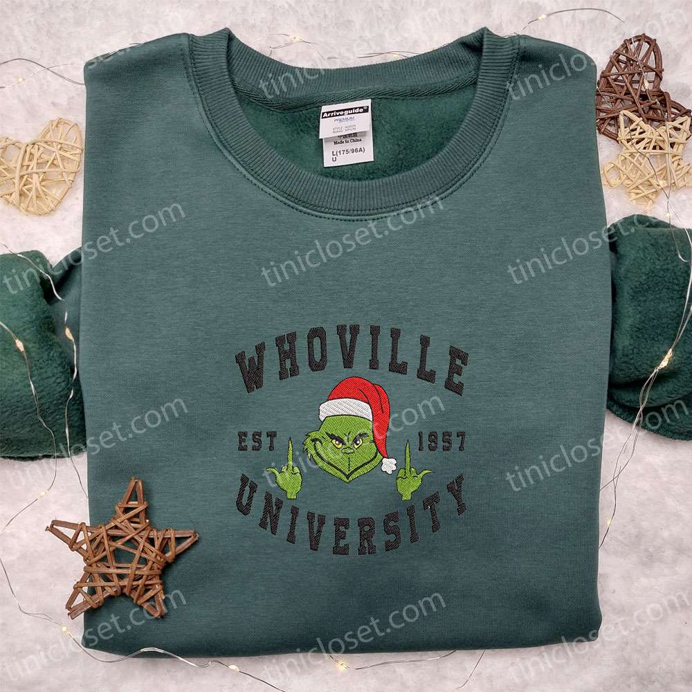 Whoville University Est 1957 Grinch Embroidered Shirt, Christmas Embroidered Hoodie, Best Gifts For Family