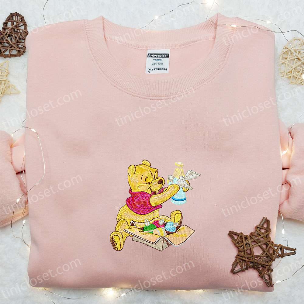 Winnie The Pooh Christmas Decorating Embroidered Shirt, Disney Characters Embroidered Hoodie, Christmas Embroidered Shirt