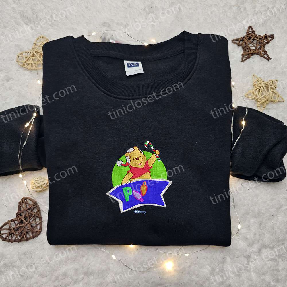 Winnie The Pooh Xmas Candy Cane Embroidered Shirt, Disney Characters Embroidered Hoodie, Christmas Embroidered Shirt