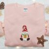 Gnome Christmas Gift Mistletoe Embroidered Hoodie, Cozy Christmas Embroidered T-shirt, Best Christmas Gift Ideas For Family